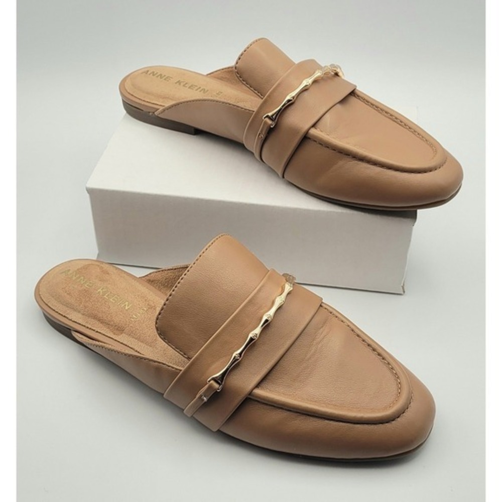 Anne Klein Iflex Tan Faux Leather Slip-On Mules Shoes Cushion Comfort Sz 6